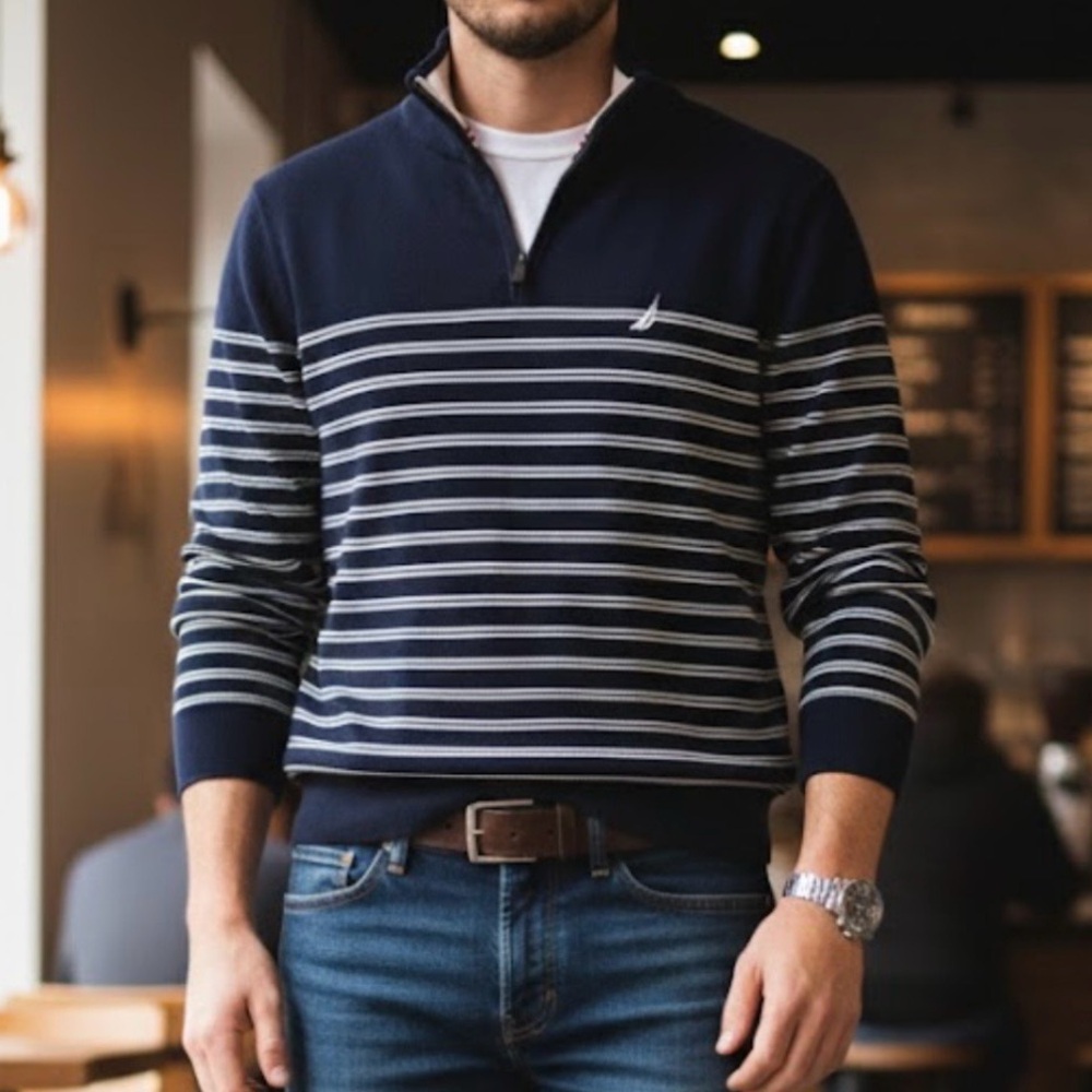Nautica Men's Zip-Up Navy and White Sweater#2